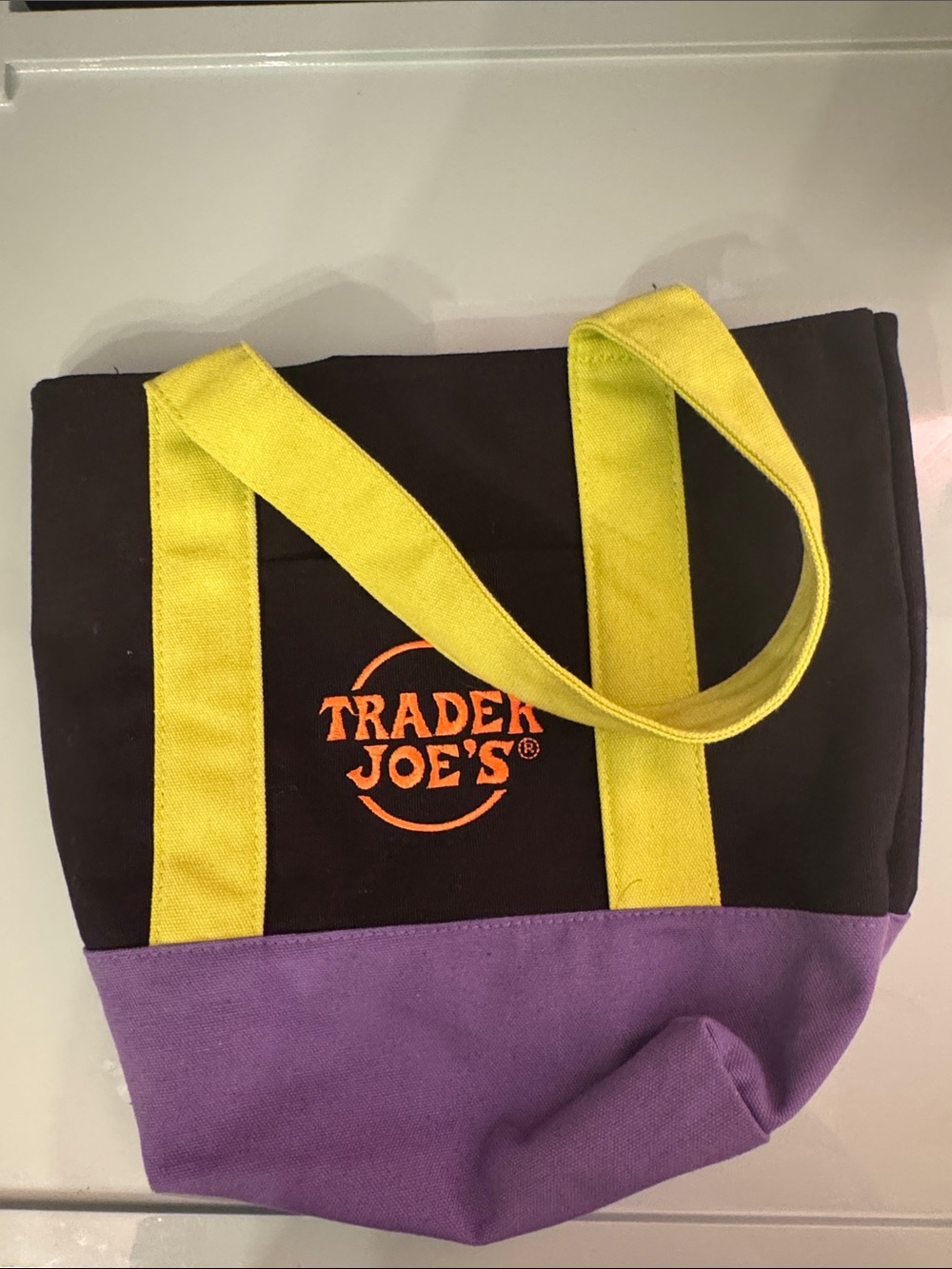 Trader Joe's Black, Purple & Yellow Canvas Tote